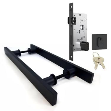 Imagem de Kit Puxador Porta Pivotante Preto Fosco 80cm Duplo + Fechadura Residencial Stam Rolete Roseta Quadrada Porta Madeira