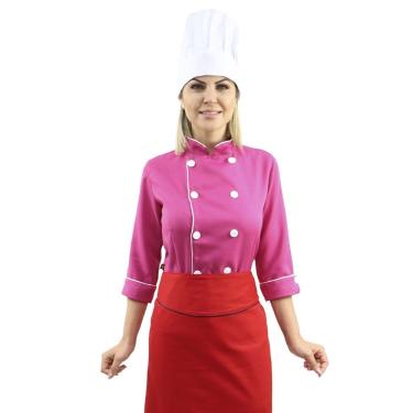 Imagem de Kit chef cozinha feminino Dolmã manga 3/4 + Avental vermelho + Chapéu branco