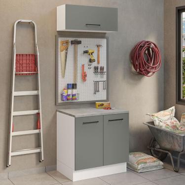Imagem de Kit Com Balcão E Armário Aéreo Multiuso 80cm Branco/cinza Agata Madesa Branco/cinza