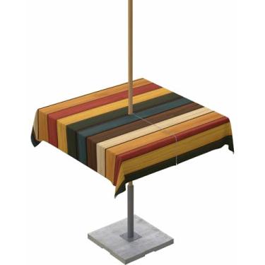 Imagem de Toalha de mesa retrô de grão de madeira com orifício para guarda-chuva e zíper, 137 x 137 cm, laranja, amarela, azul, listrada, capa de mesa para mesa quadrada, impermeável, coleção de mesa para pátio