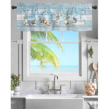 Imagem de Cortina de cozinha sanefa para janelas, concha costeira estrela do mar coral em haste de madeira pequena saia náutica praia tema oceano tratamento de janela curta para quarto, banheiro, sala de estar
