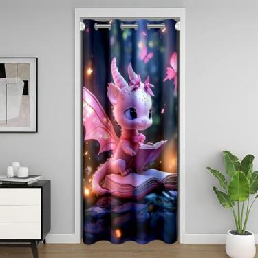 Imagem de Cortina de porta de dragão ocidental 3D para portas privacidade mágica selva animal cortina de entrada brilhante borboleta rosa todas as estações cortina blackout cortina feminina de conto de fadas