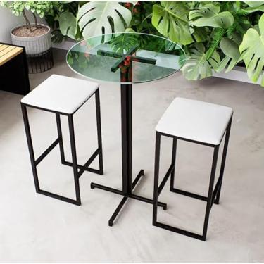 Imagem de Conjunto Mesa Alta Bar Bistrô Redonda Vidro 2 Bancos Estofado Industrial Black (Branco)