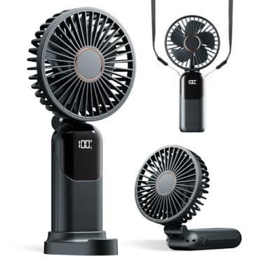 Imagem de Ventilador portátil Gockera, ventilador operado por bateria de 4200 mAh, 5 velocidades e display digital, ventiladores de maquiagem com base, para mulheres, ventilador portátil 3 em 1, dobrável, 180°