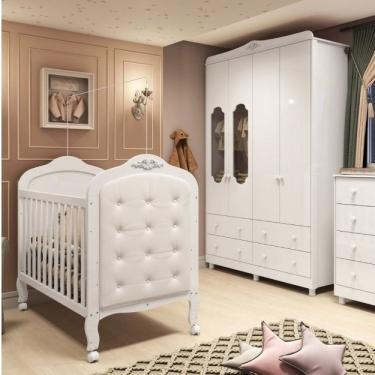 Imagem de Quarto De Bebê Com Guarda Roupa Janelado E Berço Com Capitonê Maya Provençal Espresso Móveis Branco Brilho/branco