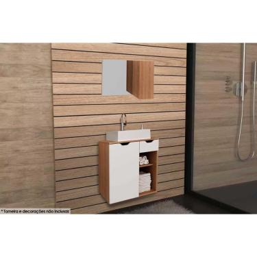 Imagem de Kit De Banheiro Armário Bn3602 80cm Balcão Suspenso 60cm Pia Bn3600 Amêndoa-branco Tecno Mobili