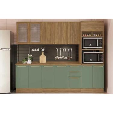 Imagem de Kit Cozinha Modulada 7 Peças Botanic 2 Aéreos + 2 Balcões + 1 Paneleiro + 2 Complementos C7p36 Nogueira Verde