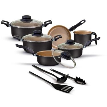 Imagem de Jogo De Panelas Antiaderente 9 Peças Kit Conjunto Teflon Tampa De Vidro Durável(Preto Com Bege)