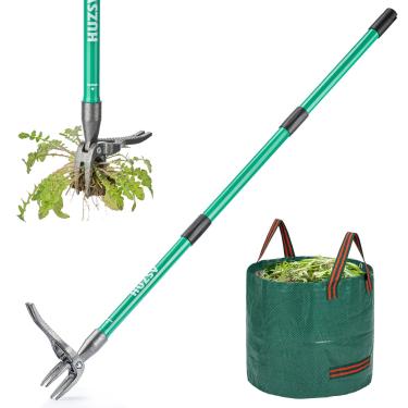 Imagem de HUZSV Ferramenta extrator de ervas daninhas ferramenta de jardinagem manual com cabo longo 4 garras de aço e lata de lixo dobrável para gramado e jardim, remova facilmente ervas daninhas sem dobrar,