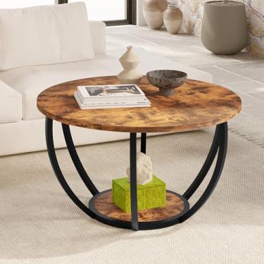 Imagem de HOMERECOMMEND Mesa de centro redonda de 71 cm com armazenamento, mesa central de madeira de 2 camadas para sala de estar, mesa de sofá para escritório em casa, marrom