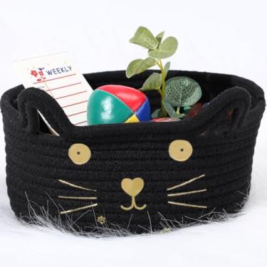 Imagem de Organizador de cesta de armazenamento de gato pequeno com orelhas decorativas para animais de estimação, cesta fofa de corda de algodão para presentes, cesto de brinquedos para cães, berçário, crianças, 21 cm C x 11 cm A (preto)