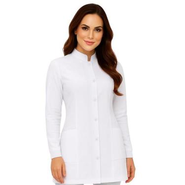 Imagem de Jaleco Feminino Acinturado Gola Padre Oxford branco preto!!! - Visual 