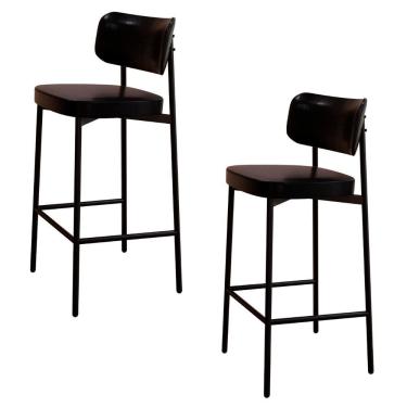 Imagem de Kit 2 Banquetas Alta Bar Estofada Ella M25 Moderno MDP MDF Aço Assento Couro Sintético 103,5 cm Preto Mpozenato