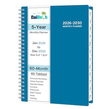Imagem de GoiUnlt Planner 2025-2029, Agenda Mensal A5, Azul, 16 x 21 cm, Capa Pautada, Flexível, Espiral, Bolso, 60 Abas Mensais Revestidas, Anotações e Rastreador de Hábitos