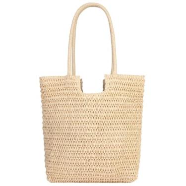 Imagem de RNIEGA Bolsas de praia femininas de verão leve de palha de tecido bolsa de ombro para férias, Bege, Large