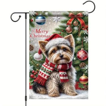 Imagem de Starlit Patio Bandeira de jardim de Natal Yorkshire Terrier Dog Flag Xmas Holiday Yard Decoration 30,5 x 45,7 cm Faixa de inverno dupla face ao ar livre enfeite de árvore de Natal pinho cone sazonal