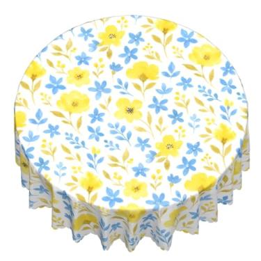 Imagem de NeuKim Toalha de mesa redonda 152 cm folha floral azul amarela ao ar livre à prova d'água à prova de derramamento toalha de mesa decorativa aquarela para cozinha, mesa de jantar, festa, piquenique
