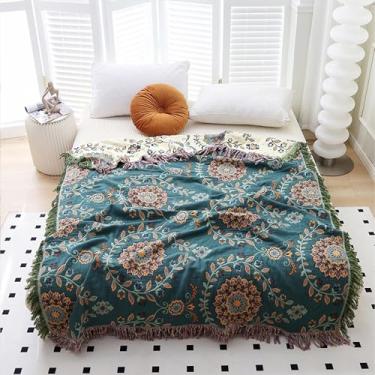 Imagem de Snycler Cobertor Boho para cama - Colcha rústica ultra macia 100% algodão - Cobertor de cama com estampa floral azul e verde, 152 cm × 203 cm rústico para todas as estações para sofá e cadeira