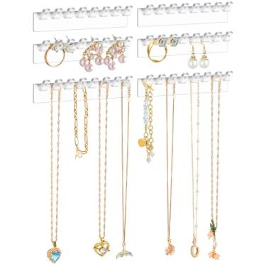 Imagem de NiHome Pacote com 6 organizadores de joias de plástico transparente para brincos, colares, pulseiras, anéis, pregos, suportes de instalação de adesivos sem perfuração para armário, banheiro, quarto