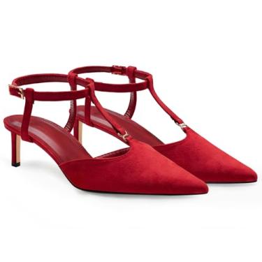 Imagem de Coutgo Sapato social feminino com salto gatinho, tira em T, fechado, bico fino, salto baixo, tira no tornozelo, confortável, Vermelho, 37