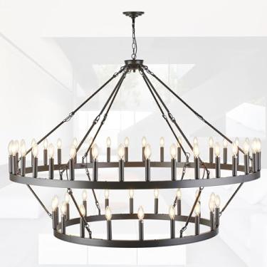 Imagem de HQZBPT Lustre rústico de roda de vagão de fazenda lustres grandes bronze polido a óleo para tetos altos 2 níveis 54 luzes 152 centímetros para sala de jantar, sala de estar, hall de entrada, varanda