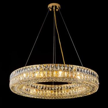 Imagem de Homeooze Lustre de cristal de anel de 12 luzes, lustres modernos de iluminação e anel de suspensão ajustável, luminária de teto para sala de estar, sala de jantar, quarto (ouro, 81 cm)