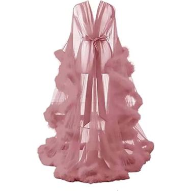 Imagem de Mulheres Sexy Lllusion Longo Lingerie Robe Camisola Feather Robe Fur Trim Robe Camisola Roupão De Banho Sleepwear Feather Nupcial Robe Vestido De Noiva, C, One Size