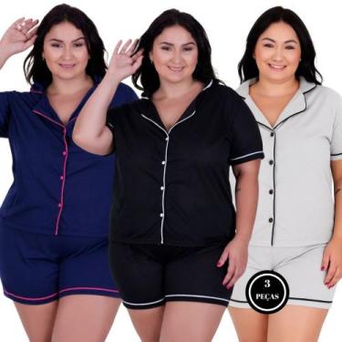 Imagem de Kit 3 Pijama Americano Plus Size Blusa com Botões e Short - c11 KIT 3 