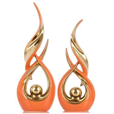 Imagem de XMGZQ Conjunto de estátua abstrata de cerâmica dourada de 2 peças, decoração de casa de arte abstrata moderna de meados do século em decoração de prateleira exclusiva, divisória de armário de TV e