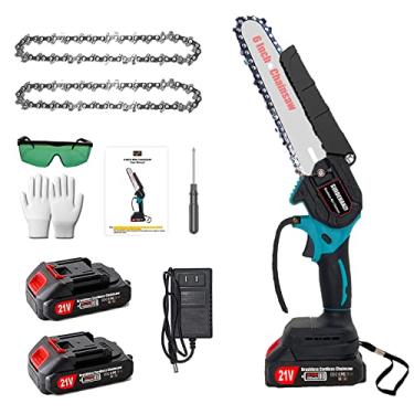 Imagem de Mini motosserra de corrente elétrica sem fio de 15 cm, motosserra portátil operada por bateria pequena com 2 peças de bateria recarregável de 21 V/2000 mAh, motosserra portátil para corte de madeira