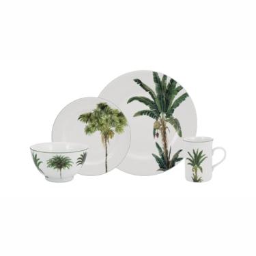 Imagem de Serviço de 24 Peças com Bowl e Caneca em Porcelana, Decoração Palmeiras, Assinada por Lelli Orleans e Bragança, Porcelana Schmidt