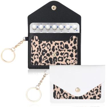 Imagem de Estojo para pílulas anticoncepcionais, pacote com 2 unidades, de couro PU, para pílulas anticoncepcionais, 10 x 7 cm, carteira de pílulas de proteção de privacidade com chaveiro para organizador de