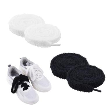 Imagem de Cadarços planos para tênis, botas, cadarços de fita de cetim para meninas, botas femininas, cadarços planos para tênis feminino, Cadarços planos felpudos - preto e branco, P