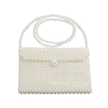 Imagem de SHESRA Bolsa tiracolo feminina de luxo com pérolas brancas, bolsa com contas de pérolas artificiais, perfeita para mulheres, meninas, noite, casamento, noiva, jantar, festa, viagem 22 x 16 cm