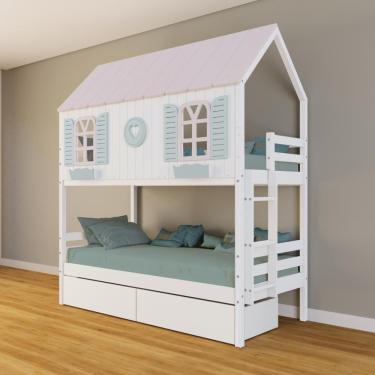Imagem de Beliche Casinha Bela Com Coração 2 Gavetas Madeira Maciça Branco/rosa/verde Housin