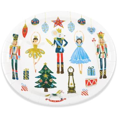 Imagem de Elyxio 50 peças de pratos ovais de papel de Natal, quebra-nozes, prato descartável, para servir no feriado, 25,4 x 30,5 cm, travessas de festa descartáveis para biscoitos doces, reuniões de Natal