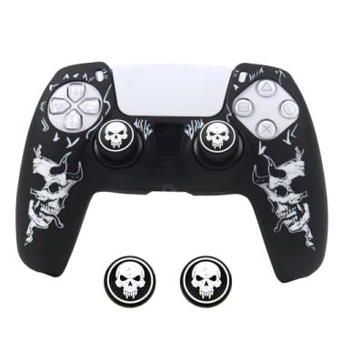 Imagem de Capa de controle de caveira com chifre compatível com controle PS5/Playstation 5, capa protetora RALAN com alça de polegar personalizada
