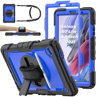 Imagem de Capa para tablet Samsung Galaxy Tab A7 Lite 8,7 polegadas 2021, [à prova de crianças] Capa resistente à prova de choque com protetor de tela de vidro temperado, suporte giratório, suporte para caneta S, alça de mão/ombro (azul)