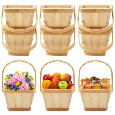 Imagem de Marsui Pacote com 6 mini baldes quadrados de madeira com alça, 12 x 10 x 8 cm, cestas pequenas para colheita de frutas e morangos para colheita de outono, decoração de mercado de fazendeiros