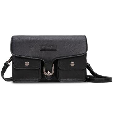 Imagem de Bolsa feminina Wrangler com aba transversal com vários bolsos, bolsa de ombro com zíper duplo, Preto, Bolsa tipo carteira transversal