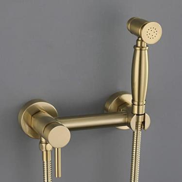 Imagem de MINJING Kit de pulverizador de bidê para vaso sanitário com botão dourado escovado pulverizador portátil acessório de vaso sanitário multifuncional montado na parede conjunto de pulverizador de