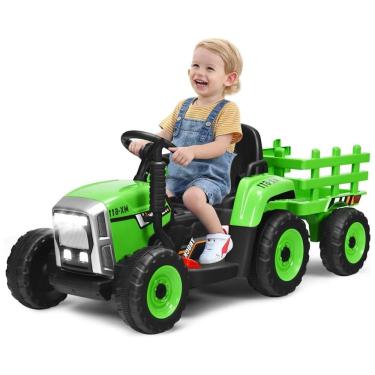 Imagem de Trator Elétrico Infantil 2 em 1 com Reboque, Controle Remoto, Câmbio de 3 Marchas, Música, USB e Bluetooth, 12V, Olakids, Verde