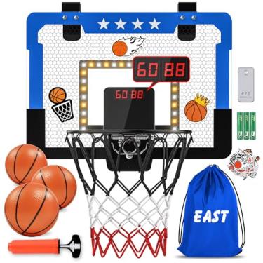 Imagem de Cesta de basquete interna para crianças, mini cesta de basquete com placar eletrônico duplo e luz LED, presentes de basquete acima da porta, brinquedos para meninos de 12 anos (azul leste)