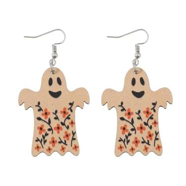 Imagem de Brincos femininos de Halloween modernos fofos com estampa de flores de fantasma preto, brincos pendentes de gota para Halloween, acessórios de bijuteria de fantasia, 2inch, Madeira, Sem pedra preciosa