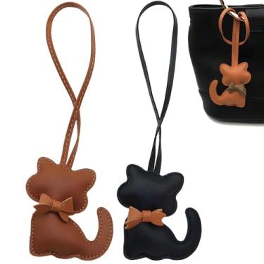 Imagem de Chaveiros com pingentes em forma de gato - Conjunto de 2, couro PU, desenhos de gatinhos de desenho animado, acessórios femininos elegantes (preto e café)