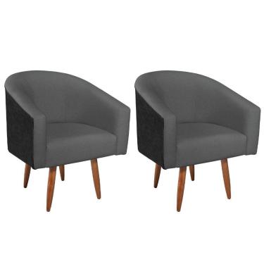 Imagem de Kit 02 Poltronas Luiza Pés Palito Factor Preto E Linho Cinza Escuro