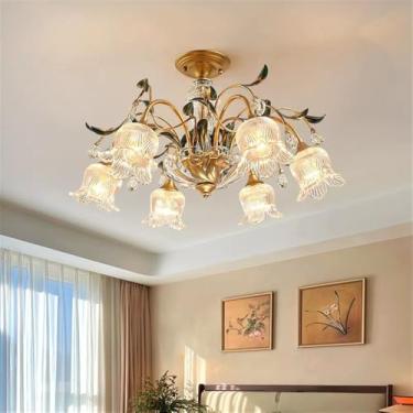 Imagem de Lustre Americano Pastoral com Criatividade Francesa e Flores para Sala de Estar, Sala de Jantar, Quarto, Escritório, Casa de Campo ou Escada - Luminária Pendente LED (6 Lâmpadas)