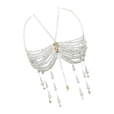 Imagem de Nawwgy Elegante pérolas com borlas de contas, gola alta, regata cropped para mulheres, joia corporal, sutiã corrente de peito para festas e festivais, corrente de peito com contas de pérolas, franjas