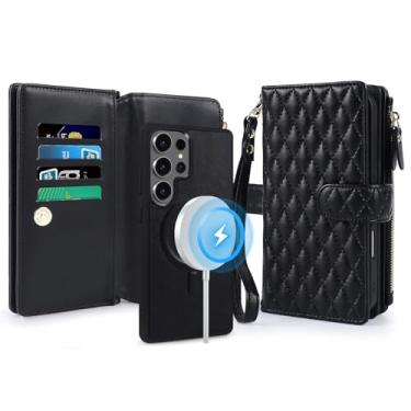 Imagem de Lacass Capa carteira para Samsung Galaxy S25 Ultra, compatível com MagSafe 2 em 1 de couro sintético destacável magnético com bloqueio de RFID, suporte para cartão, cordão de pulso, acolchoado, preto
