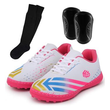 Imagem de Kit Chuteira Society Feminino Infantil Juvenil Grama Sintética com Cravos + Caneleira e Meião-Feminino